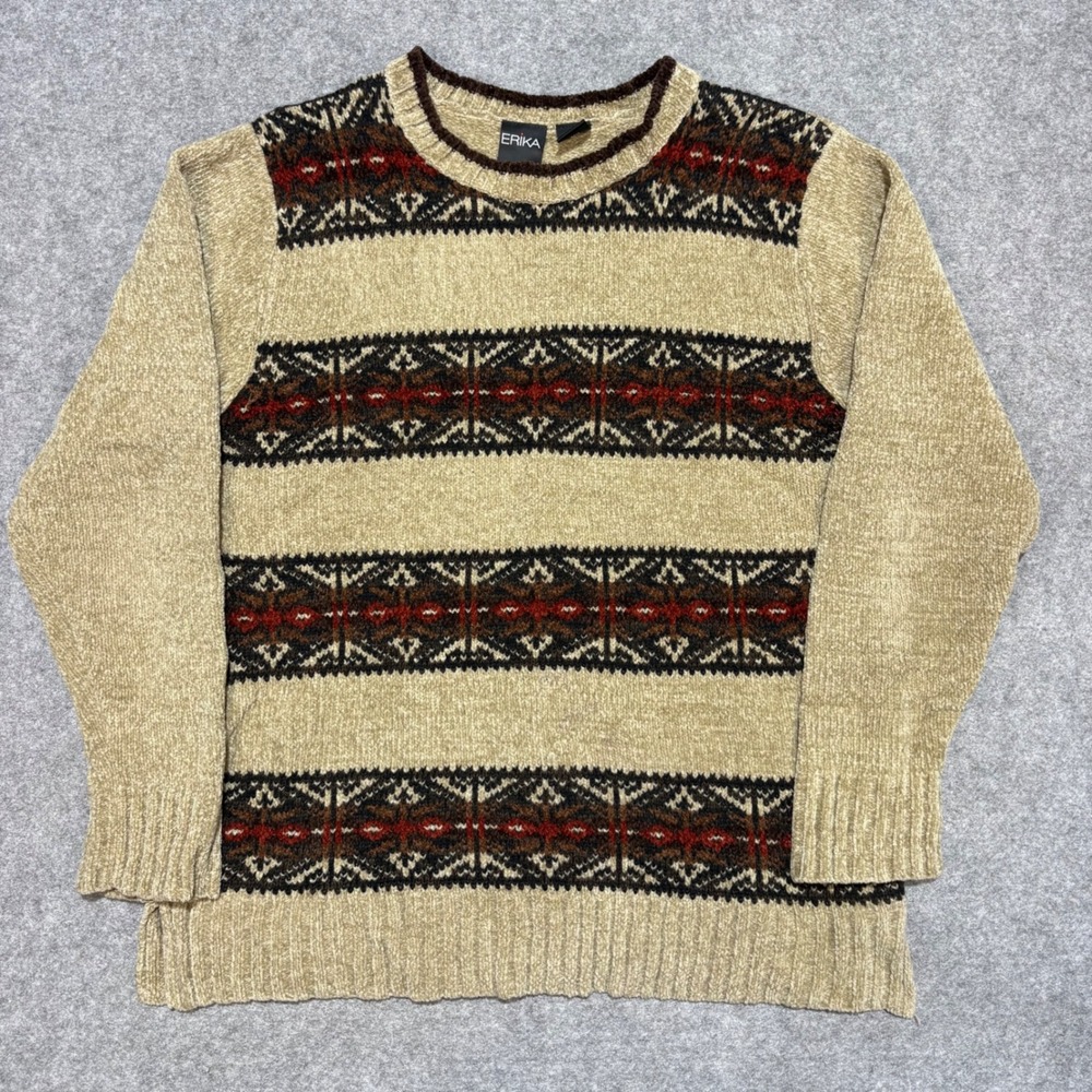 Erika Womens Tan Fair Isle Chenille Knit Crewneck Sweater Size M Burgundy Brown